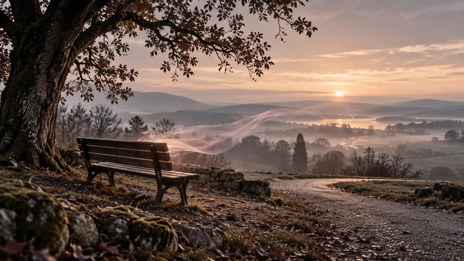 Eine leere Bank unter einem alten Baum blickt über einen stillen Weg in eine weite Landschaft; ein feines Lichtband zieht zum Horizont.