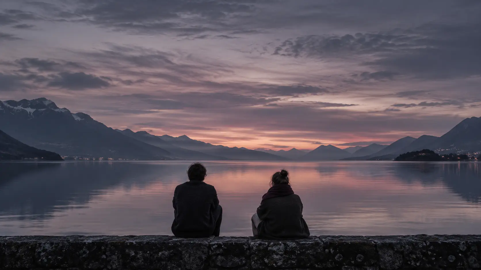 Zwei nicht erkennbare Menschen sitzen bei gedämpftem Abendlicht schweigend nebeneinander auf einer Steinmauer und blicken über einen ruhigen Bergsee.