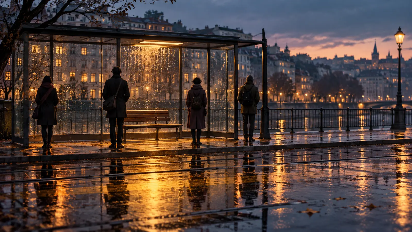 Vier nicht erkennbare Menschen warten mit Abstand an einer regennassen Haltestelle; ihre Spiegelungen verbinden sich im warmen Licht, während ein Platz frei bleibt.
