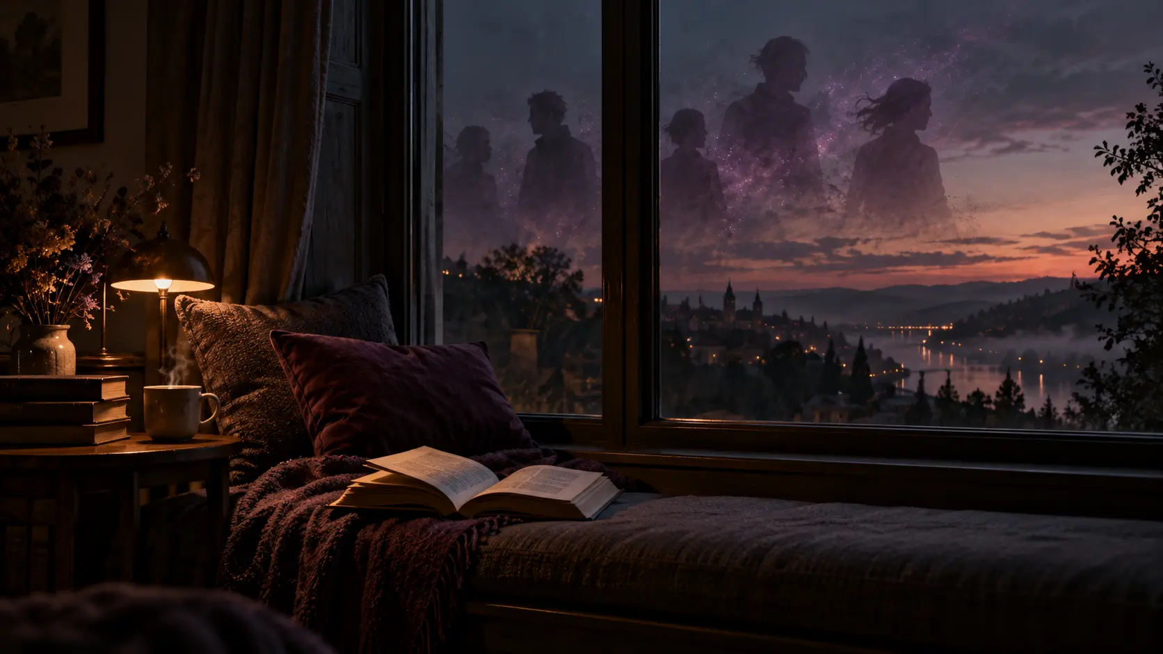 Ein offenes Buch liegt bei Abendlicht auf einer Fensterbank; im dunklen Glas lösen sich mehrere menschliche Silhouetten als pflaumenfarbene Lichtreflexe auf.