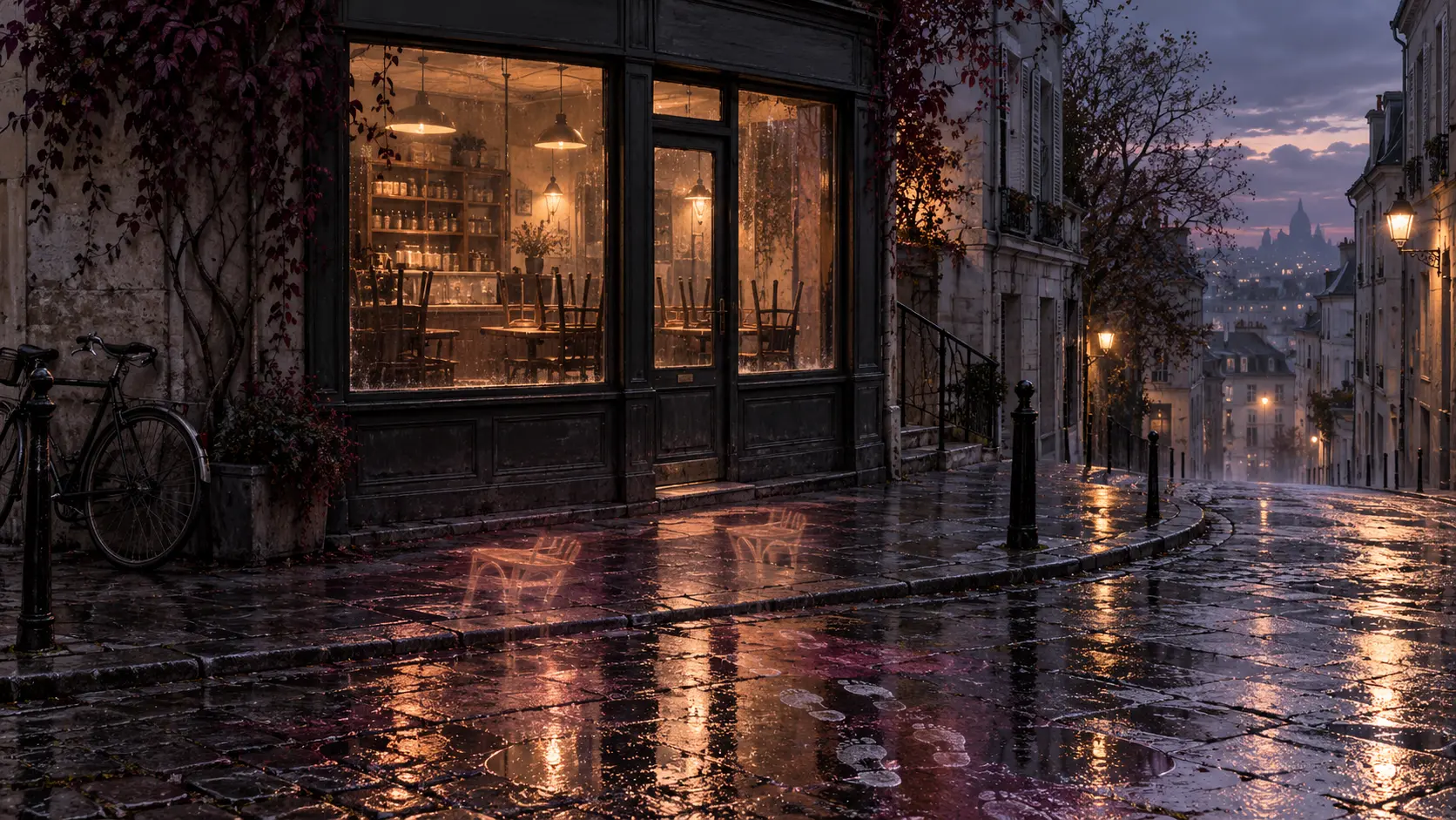 Ein geschlossenes, noch warm beleuchtetes kleines Lokal liegt an einer regennassen Straße; pflaumenfarbene Spuren von Stühlen und Schritten spiegeln sich auf dem Pflaster.