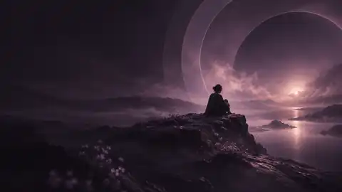 Eine Person sitzt auf einem Felsen und blickt über eine stille, surreal leuchtende violette Landschaft.